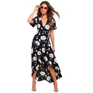 🧹🛍️Lake Como Navy Blue Floral Print High-Low Wrap Dress